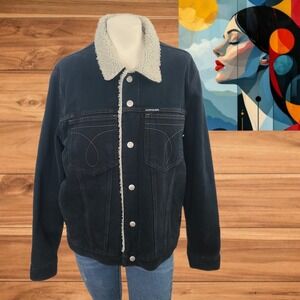 $148 Calvin Klein women's Blue Black Denim Trucker Jacket Size XL‎